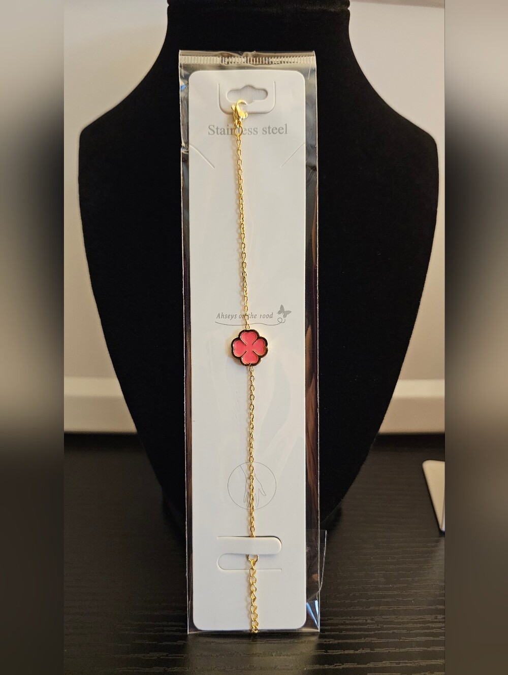 Gold Stainless Steel Bracelet with Pink Flower Charm